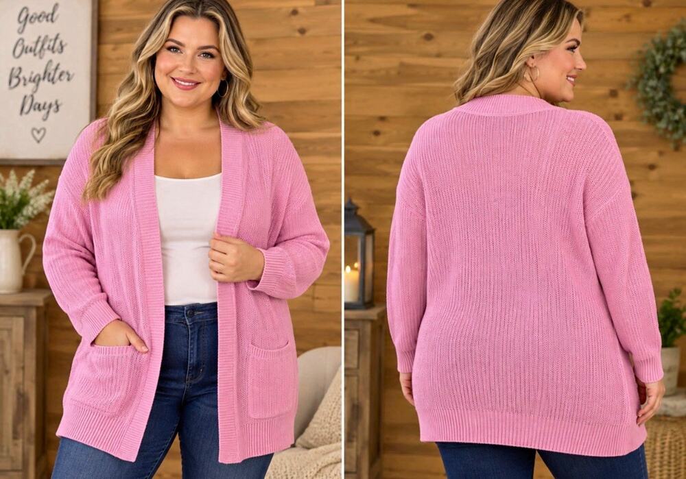 Talbots Cardigan Sweater Pink Knit Linen Open Front Pockets Sz XL Preppy Casual